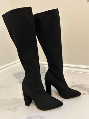 Black Knee-High Stretch Block Heeled Sock Boots, Size 35